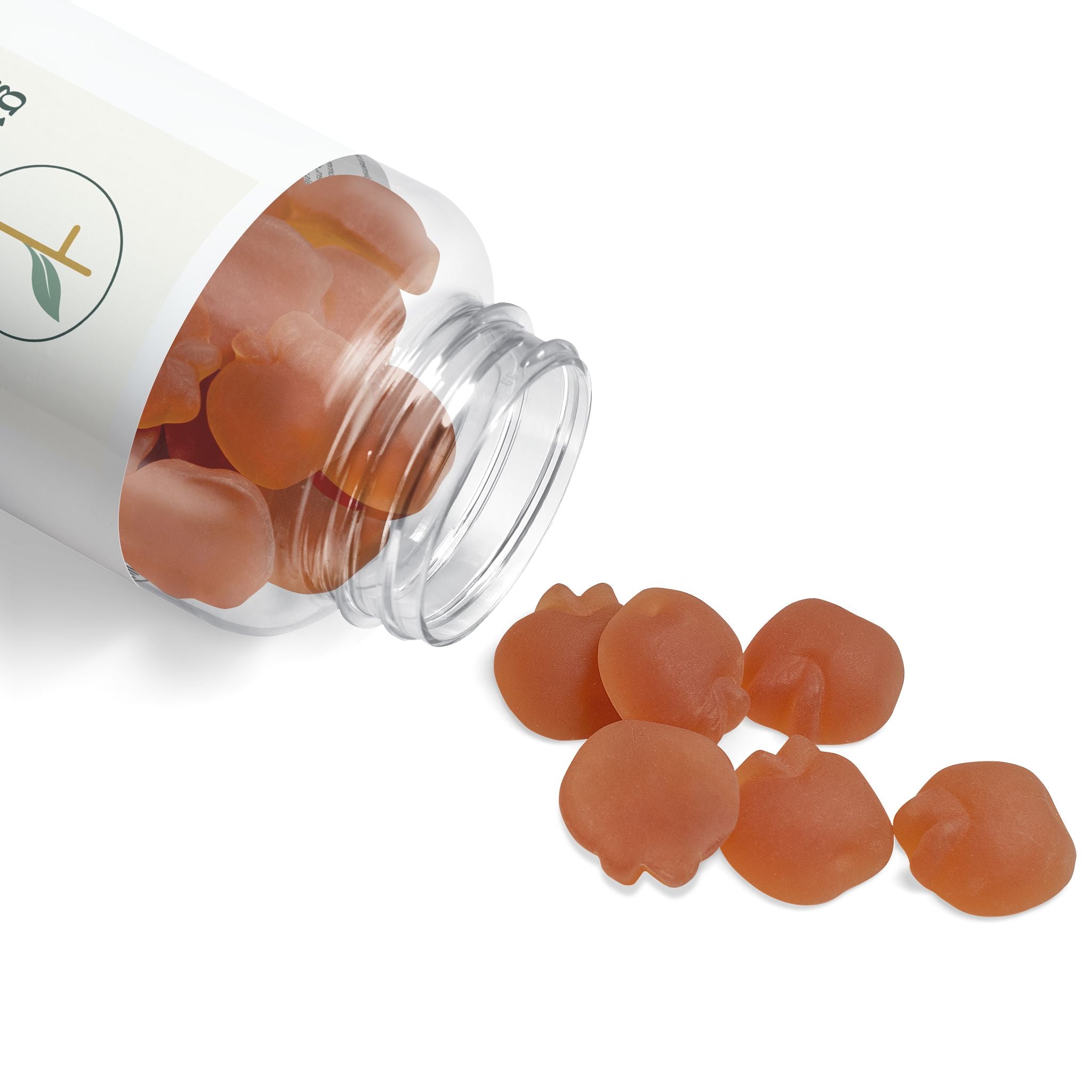 Clear jar with peach-colored gummy bears on a white background
